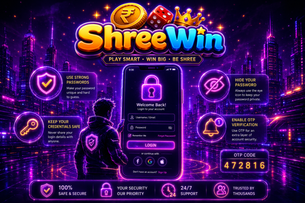 ShreeWin login security tips illustration with lock, shield, key, and OTP icons