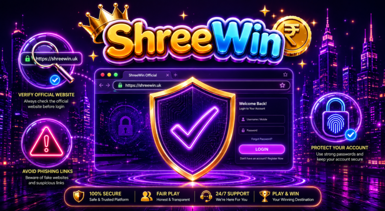 ShreeWin login safety illustration with shield, browser, and verification icons