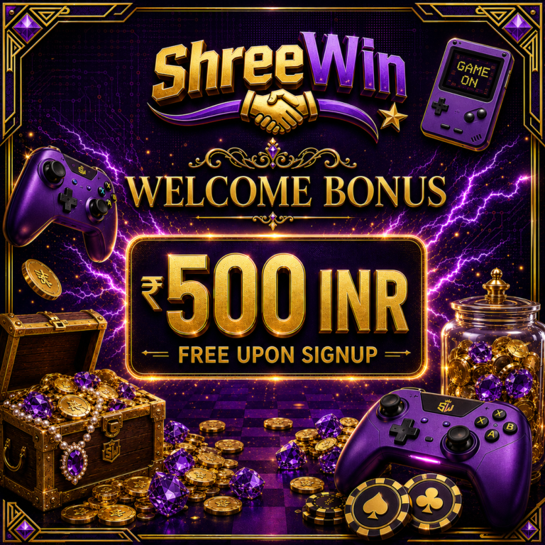 ShreeWin welcome bonus banner showing ₹500 free upon signup with gold and purple gaming theme