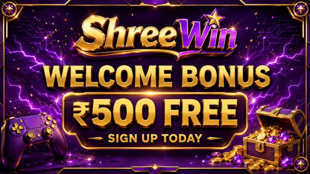 ShreeWin welcome bonus featured image showing ₹500 free sign up offer with purple and gold gaming theme