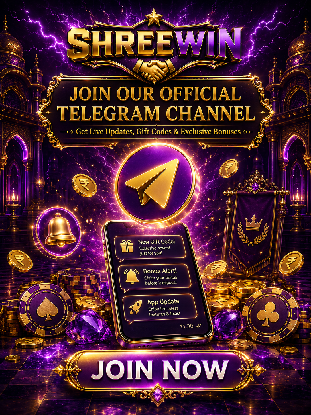ShreeWin official Telegram channel join banner with bonus updates