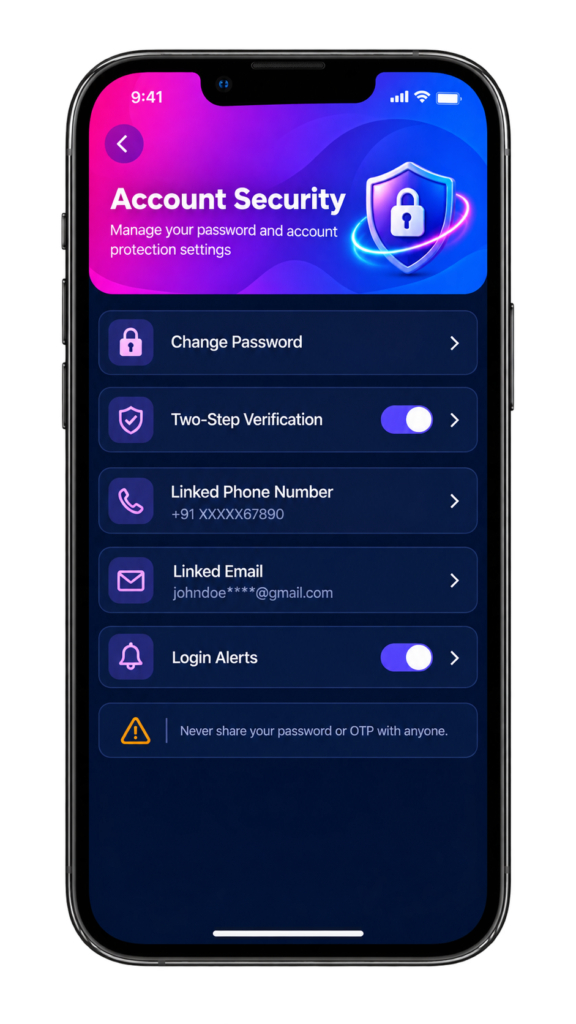 Shree Win app login screen with phone number, password, and secure sign-in options