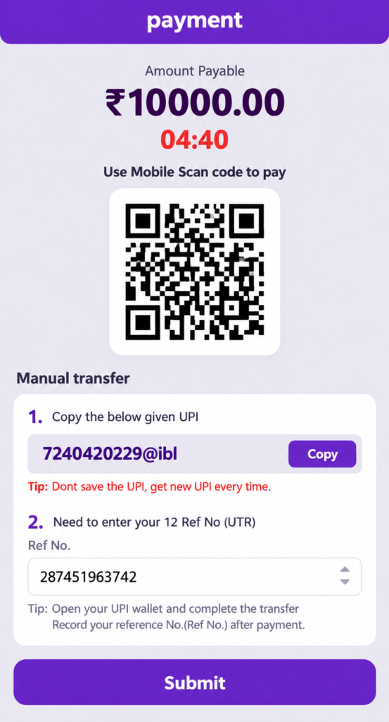 Shree Win Deposit UPI QR code payment screen showing manual transfer option and UTR reference number field