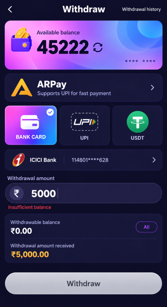Shree Win withdraw screen showing balance, bank account, UPI and USDT withdrawal options