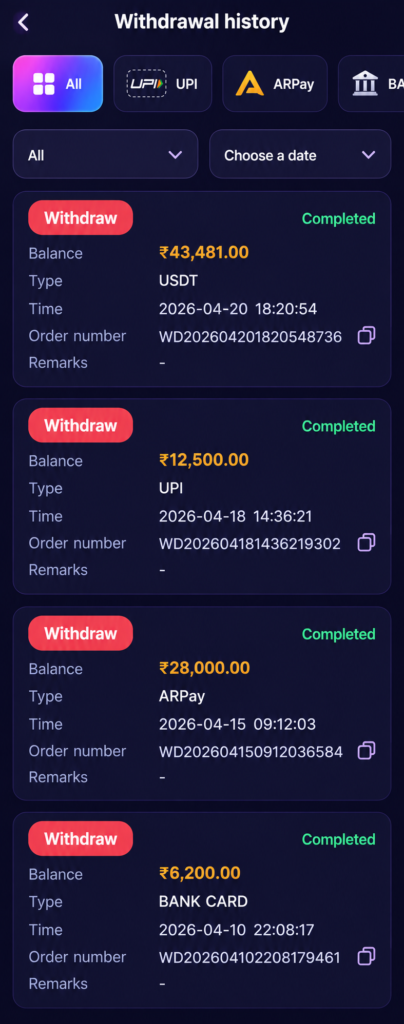 Shree Win withdrawal history showing completed USDT withdrawals with balance and order details