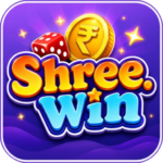 Shree Win logo – online gaming app icon with golden coin, red dice, and rupee symbol on purple background