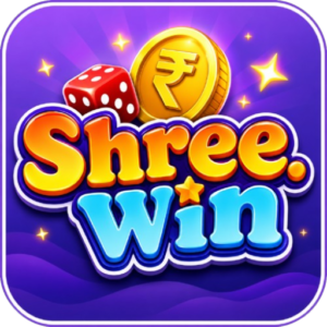 Shree Win logo – online gaming app icon with golden coin, red dice, and rupee symbol on purple background