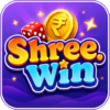 Shree Win logo – online gaming app icon with golden coin, red dice, and rupee symbol on purple background
