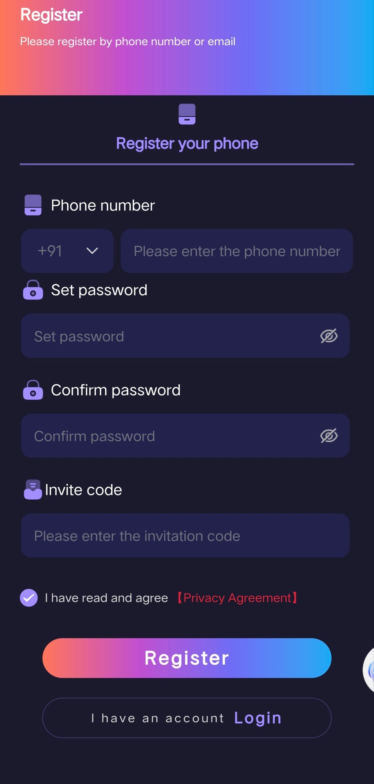 ShreeWin registration form showing phone number, password, confirm password and invite code fields
