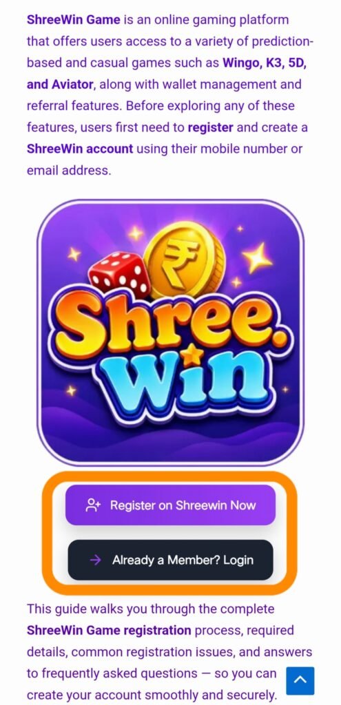 ShreeWin game logo with register and login buttons for creating a new account
