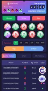 ShreeWin Wingo 30 second game screen showing green violet red colour options and number selection 0 to 9