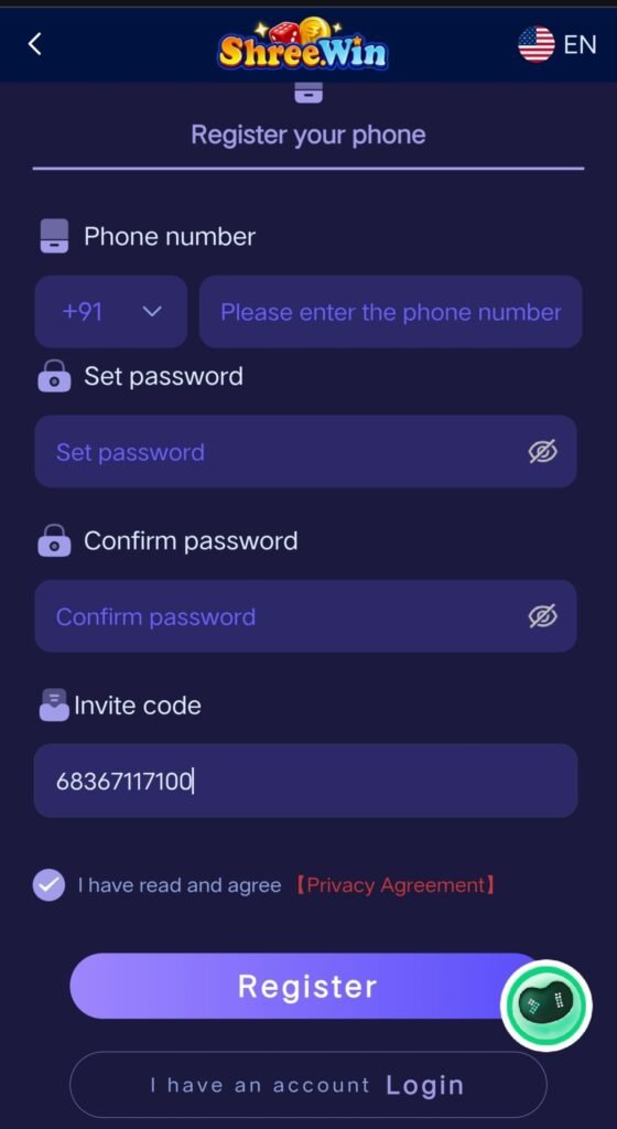 Shree Win registration screen with phone number, password setup, and invite code entry