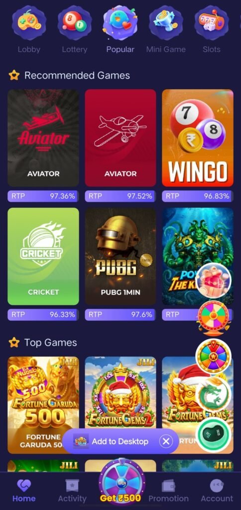 Shree Win popular games section featuring Aviator, Wingo, Cricket, and PUBG