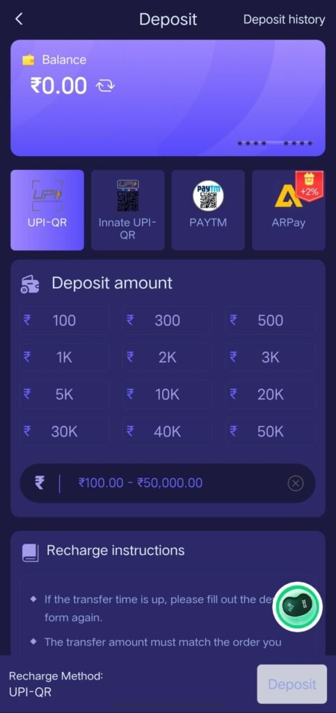 Shree Win deposit page showing UPI, Paytm, and ARPay payment options with amount selection