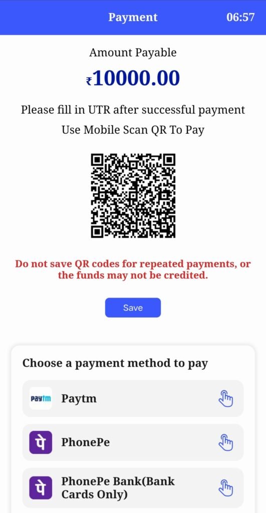 Shree Win payment screen with QR code, Paytm and PhonePe options
