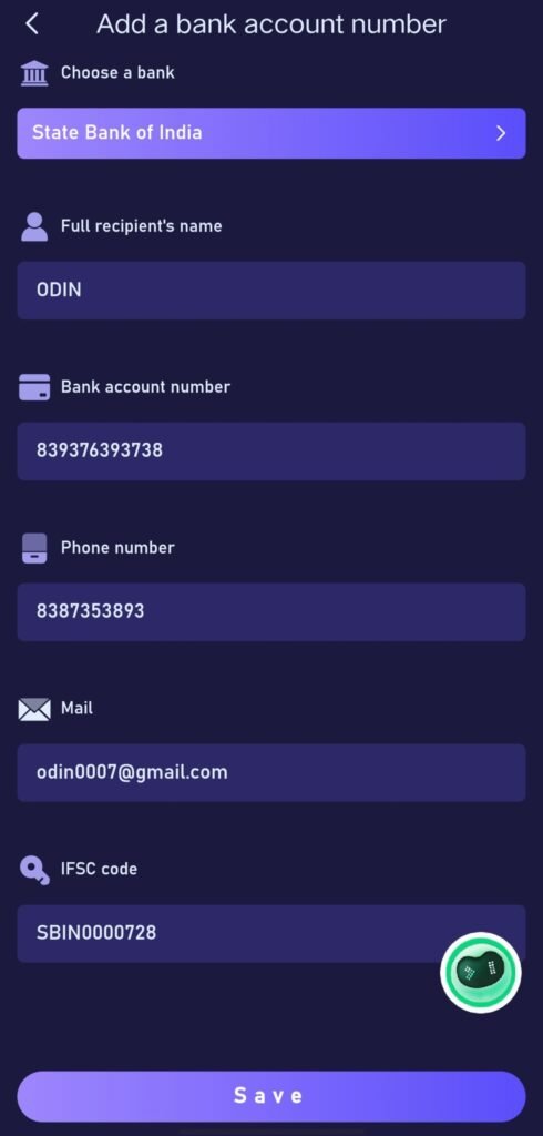Shree Win add bank account screen with bank details form