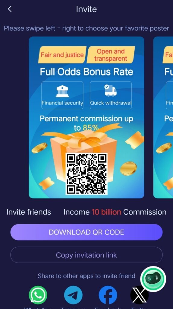 Shree Win invite friends screen with QR code and 85% commission bonus