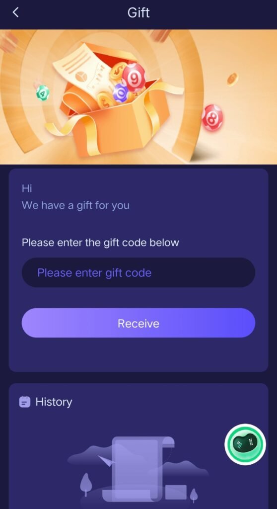 Shree Win gift code redemption screen with code entry field